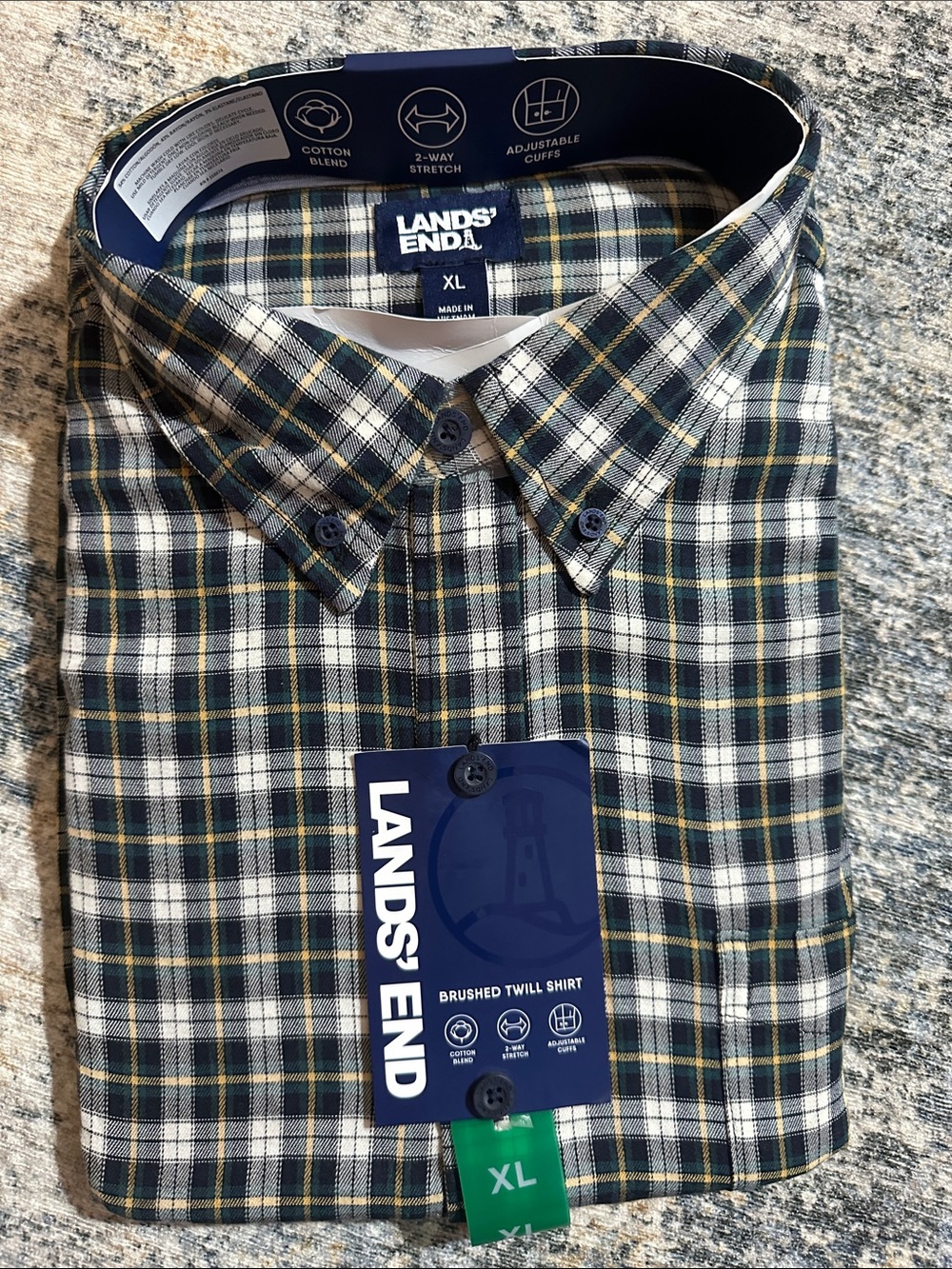 NWT Lands' End Navy, Green and White Plaid Brushed Twill Button-Down Shirt
